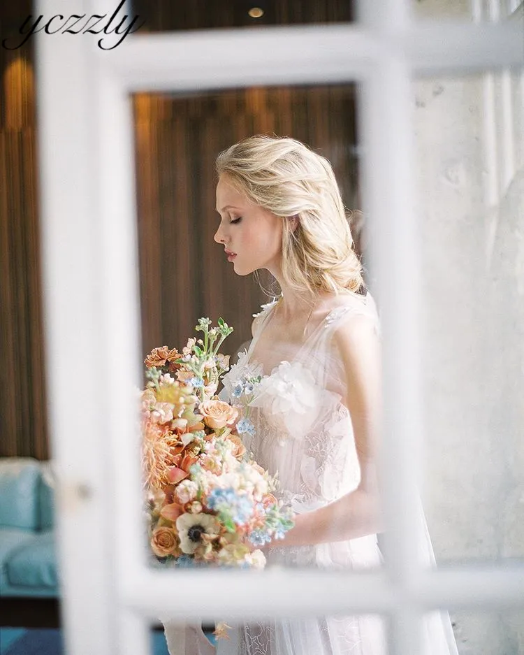 Abiti Da Sposa пикантные тонкие бретельки Кружева с аппликацией и юбкой-годе пляжное свадебное платье с лентами Длинные платья невесты Vestido De Novia