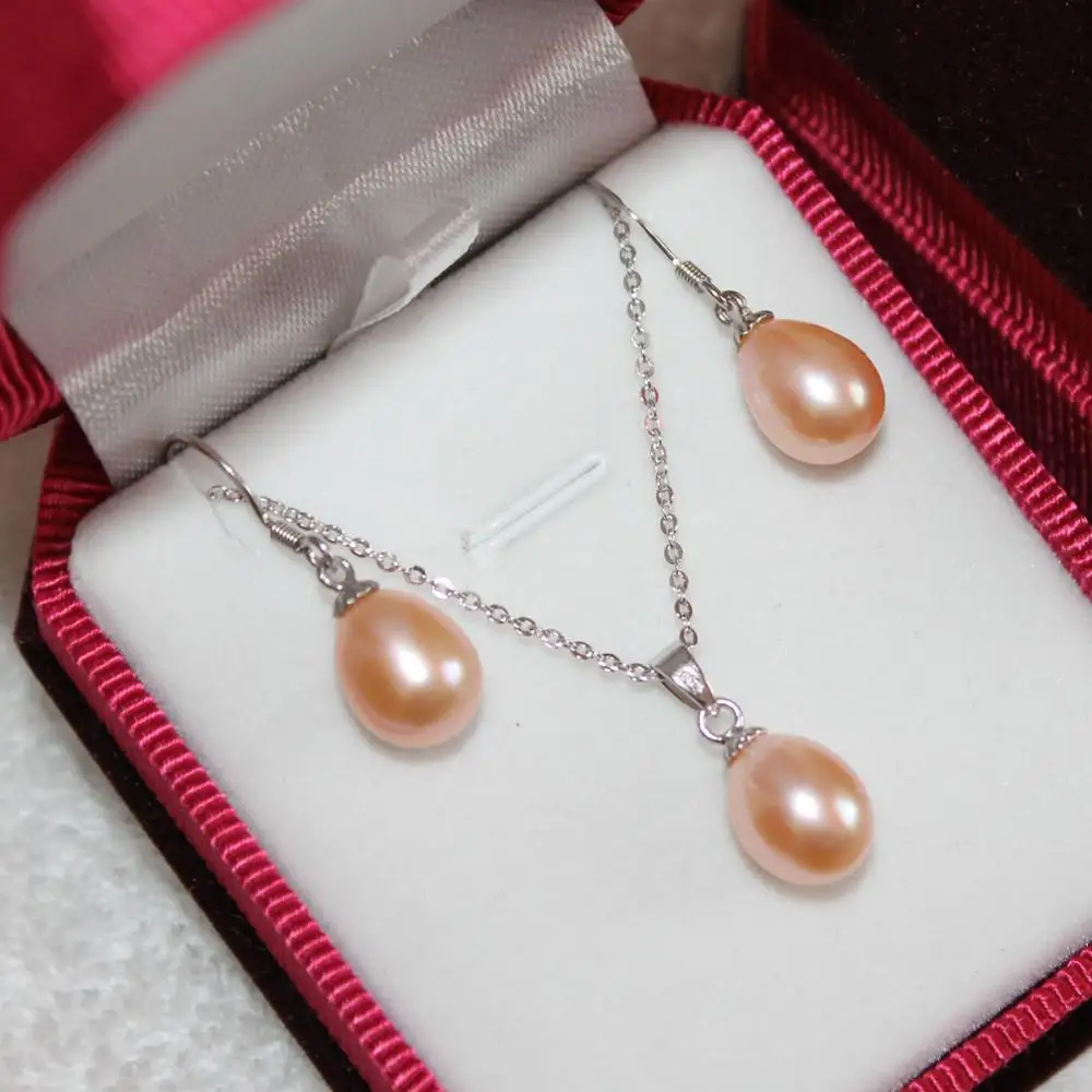 

Lovely Women's Wedding Jewelry Genuine Freshwater Drop Pearl Pendant Necklace Earrings Silver SET /Jewelry Box