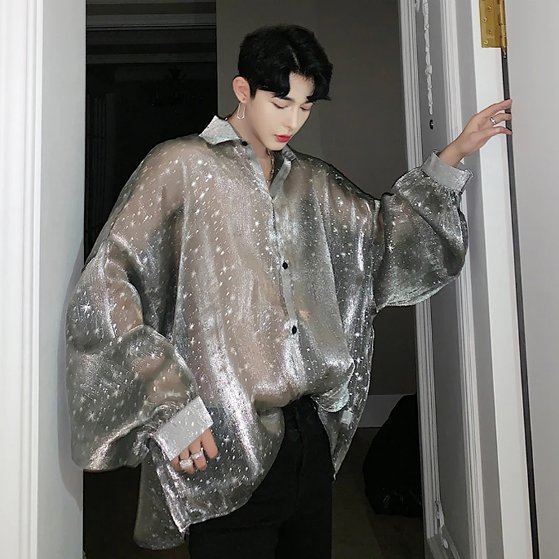 Мужская прозрачная рубашка большого размера летняя модная винтажная шелковая в