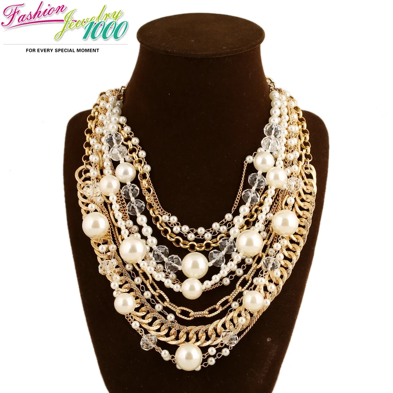 Multi Layer Gold Chain Pearl Statement Necklace Fashion Big Chunky