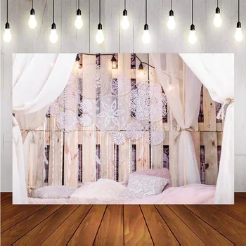 

Photography Background Boudoir Bed Wooden Board Pillow Curtain Pendant Customized Photographic Decor Backdrop Photo Studio