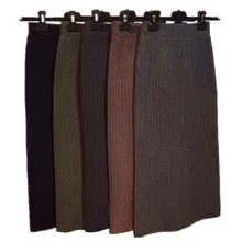 PEONFLY полосатая Шерстяная трикотажная юбка-карандаш Женская осенне-зимняя плотная Корейская юбка миди с разрезом длинная офисная юбка с высокой талией Женская