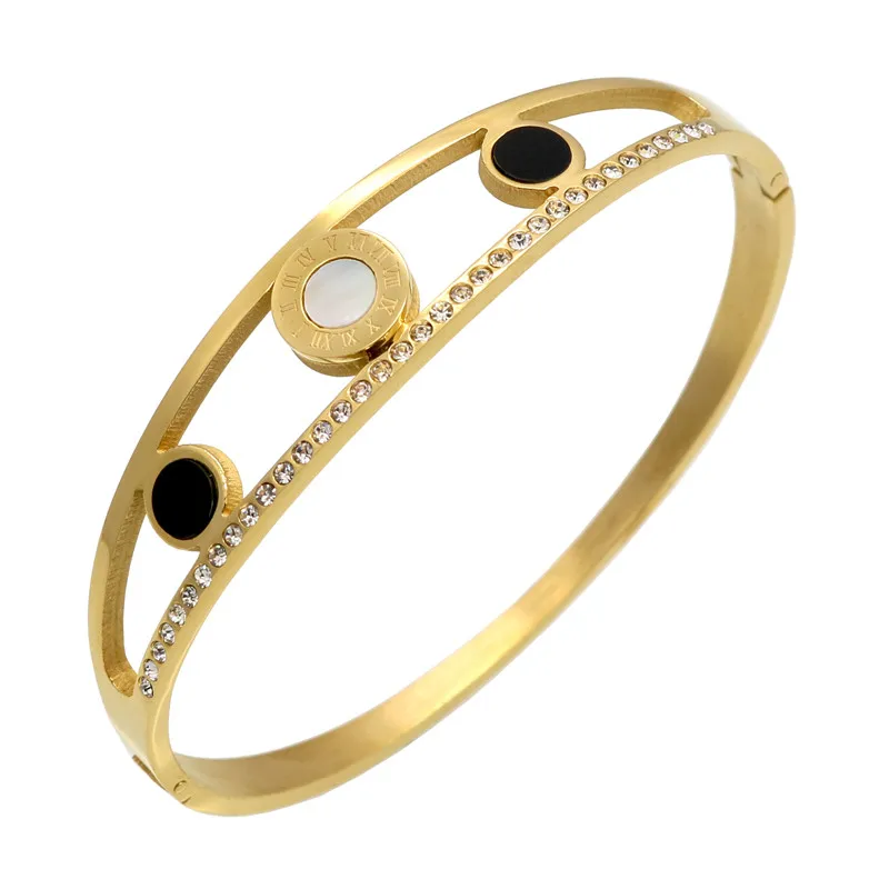 Women Rhinestones Roman Number Bracelet Stainless Steel Silver/Rose/Gold Color Shell Crystal Hollow Cuff Bracelets & Bangles | Украшения