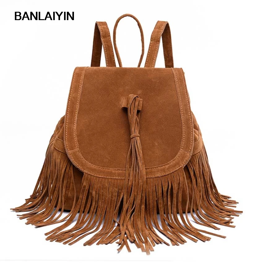 Fashion Women Casual Tassel Women Bag Plush Backpack Vintage High School Bag For Teenager Ladies Cover