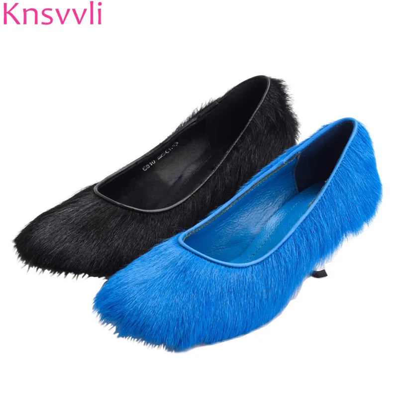 

Knsvvli winter furs strange style heel women pumps black blue shearling kitten heel shallow party shoes fashion zapatos mujer