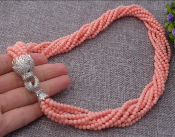 

Charming 8strds pink Coral Round necklace-zircon clasp