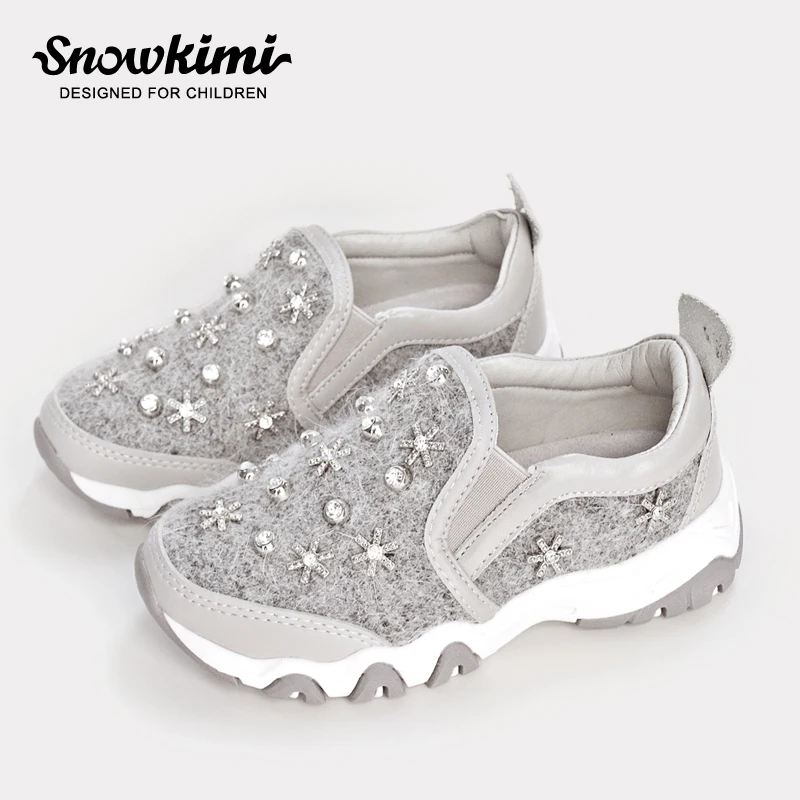 

Snowkimi 2018 Spring shoes for girls Princess Fashion Rhinestone Children Breathable Lycra Fiber Flat Solid Rubber Hot Sale