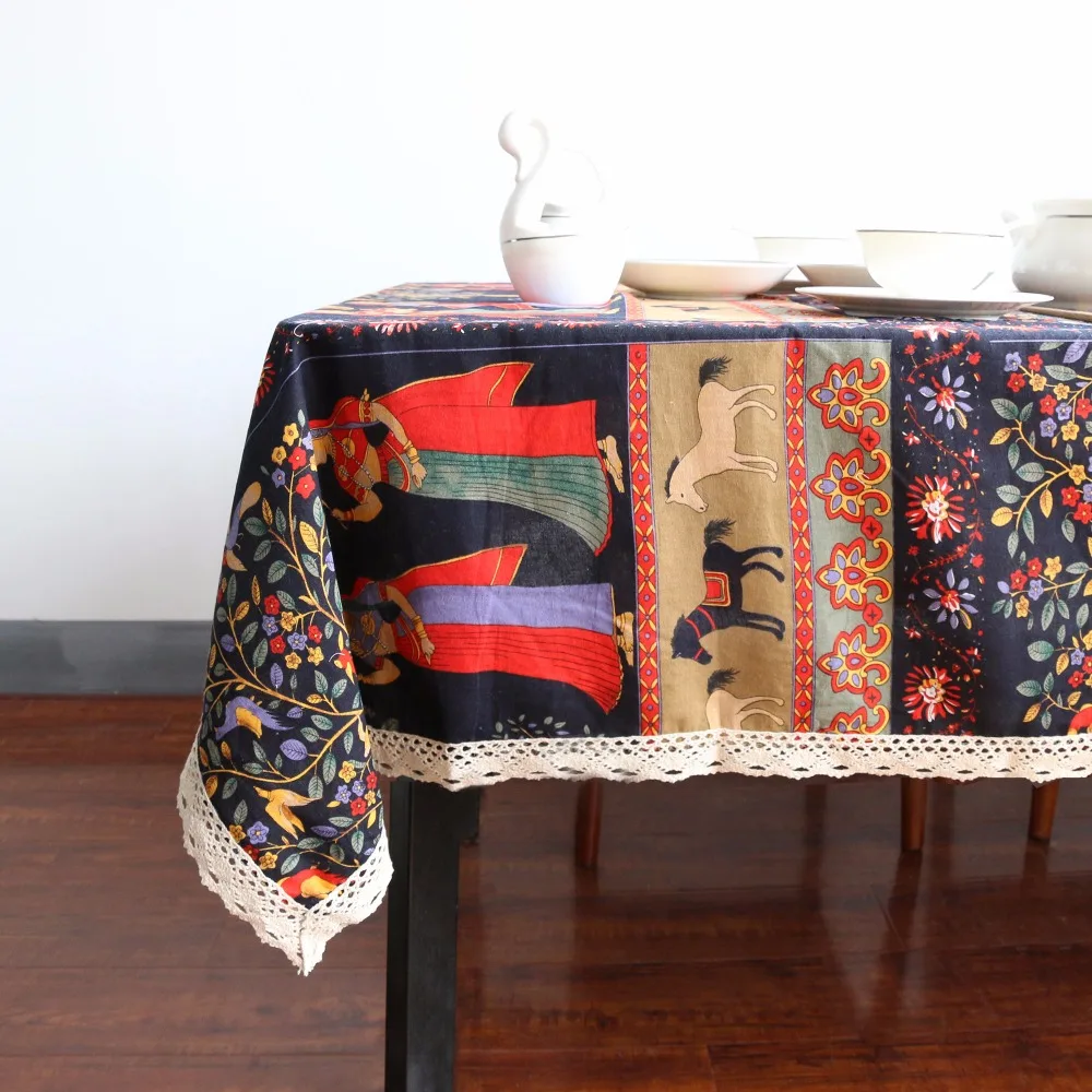 BeddingOutlet Ethnic Tablecloth Cotton And Linen Table Cover Multi Functional Table Cloth With Lace