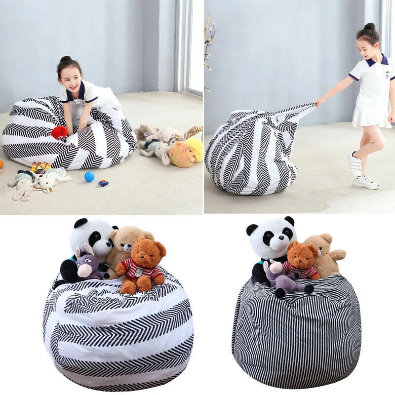 

Stuffed Animal Storage Seat Bean Bag Chair Extra Large Canvas Pouch Stripe Sofa Chair Pouf Puff Couch Without Filler Living Room