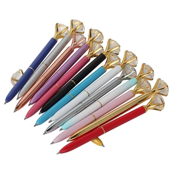 

Big Carat Diamond Crystal Pen Gem Ballpoint Pen Ring Wedding Office Metal Ring Roller Ball Pen 22Colors To Choose Black Blue Ink