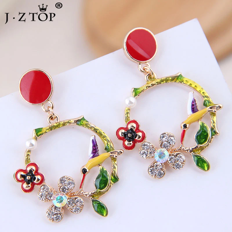 

JZTOP Ladies Crystal Flower Stud Earrings For Women Forest Bird Imitation Pearls Earring Bright Enamel Female Ear Jewelry Gift
