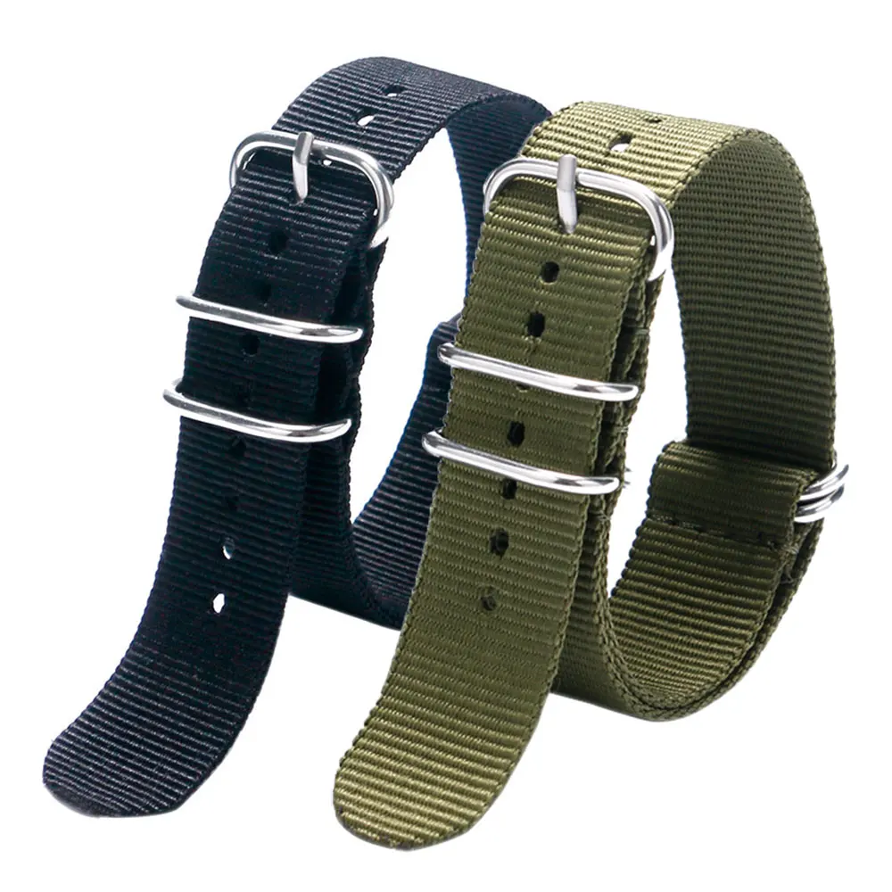 

20/22MM Cool Black & Army Green Fabric Nylon Canvas Watch Strap Band With 5 Rings For Sport Watches Men Women BD0130