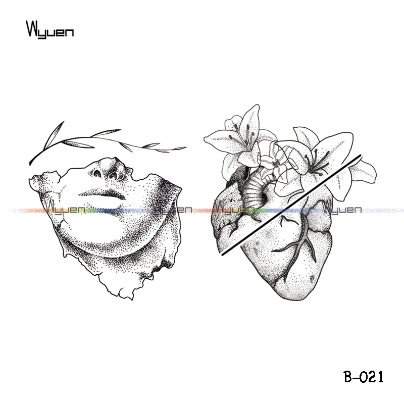 Wyuen оригинальные поддельные татуировки в виде цветка сердца, скульптура в виде листа, Временные татуировки, наклейки для взрослых, боди-арт, водостойкие тату B-021