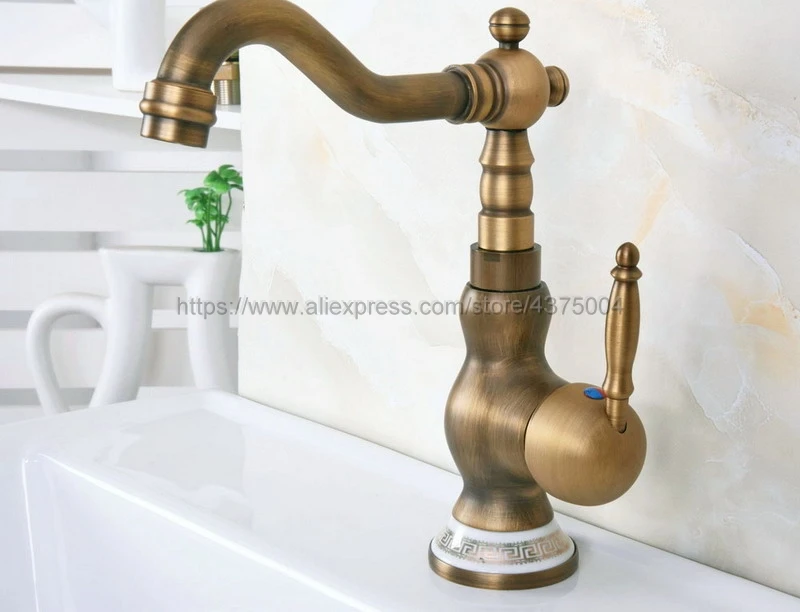 Deck Mounted Antique Brass Single Handle Hole Bathroom Sink Mixer Faucet Hot and Cold Water Mixer Tap Nnf612
