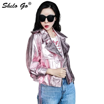 

SHILO GO Leather Jacket Womens Spring Fashion sheepskin genuine leather coat lapel collar rivet belt Casual long sleeve pink