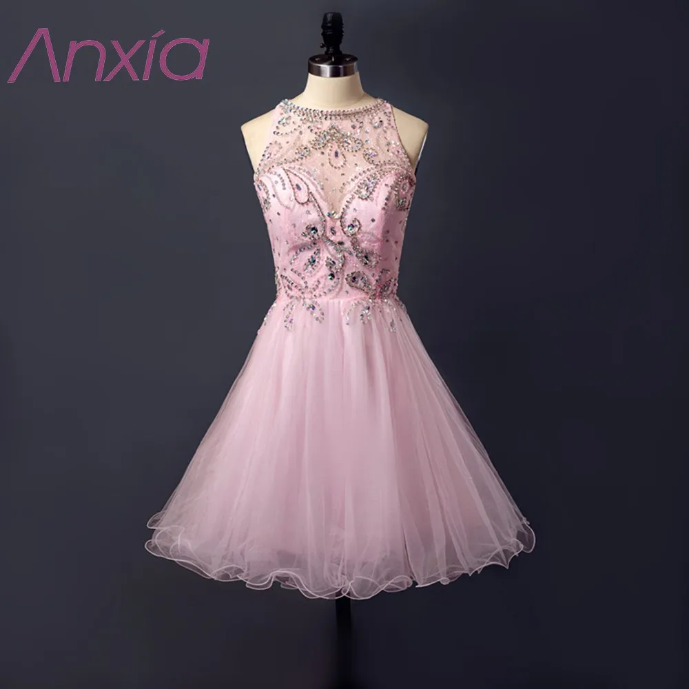 Buy Cheap New Style Pale Pink Beaded Organza Short Prom Dresses 2017 Robe De Soiree Anxia A-Line Sequined Evening Dress Formal Party Dress