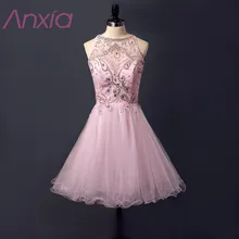 New Style Pale Pink Beaded Organza Short Prom Dresses 2017 Robe De Soiree Anxia A-Line Sequined Evening Dress Formal Party Dress