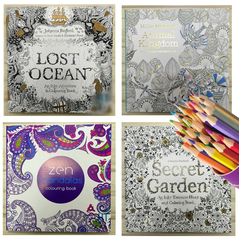 4pcs English Edition Secret Garden Mandala Lost Ocean Animal kingdom Coloring Book for Adult