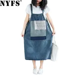 NYFS 2019 новое летнее женское платье свободное винтажное платье на бретелях хлопковое кружевное джинсовое платье на подтяжках vestidos robe платья