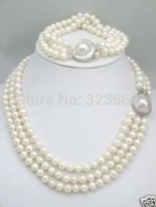 

HOT triple strands 8-9mm South Sea White Pearl Necklace Bracelet set Mabe Clasp