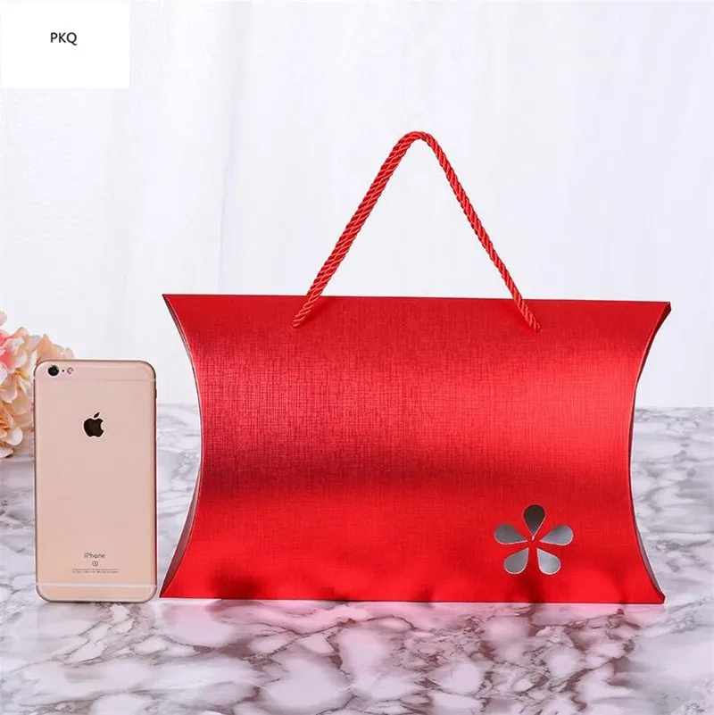 

10PCS Red paper gift cardboard box with ribbon handle,Hollow towel scarf paper box,virgin hair extension packaging pillow box