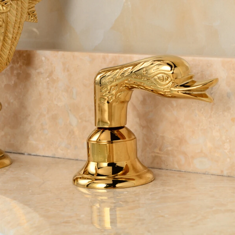 Лебедь шеи стиль Золотой готовой широкое 3 шт. Ванная комната раковина кран двойные ручки смеситель