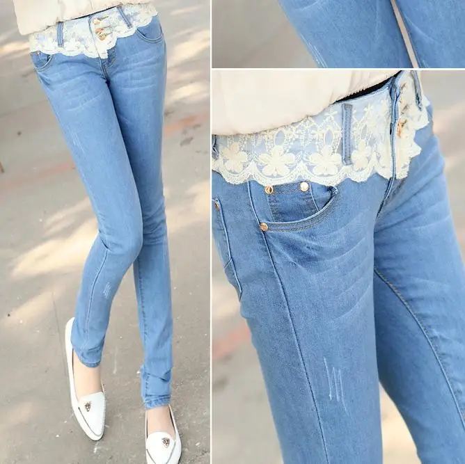 Модные джинсовые женские джинсы, хлопковые эластичные джинсы, кружевные, низкая талия, стиль карандаш, женские Сексуальные облегающие джинсы