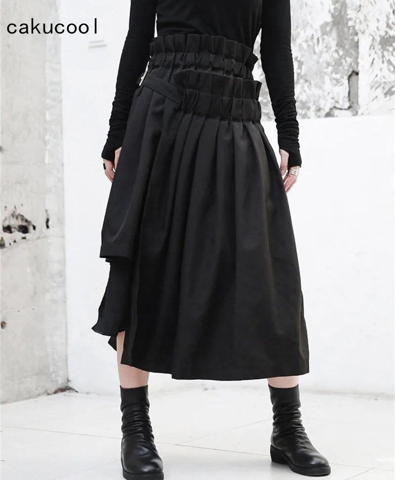 

Cakucool New 2018 Autumn High Waist Asymmetric Pleated Skirt Solid Black Minimal Novlety Design Goth Mid Long Skirts Women