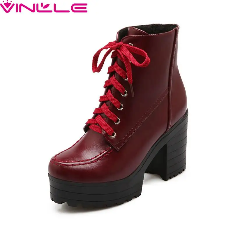 

VINLLE Women Boots Fashion Super High Heels Round Toe Ankle Miss Boots Lace Up Platform Square Heels Autumn/Winter Shoes