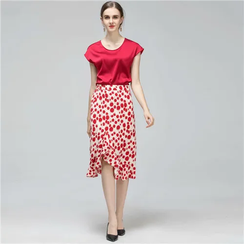 Vrouwen 2 stuk rok sets 2019 solid wine red casual blouses en red dot witte rok sets merk stijl kleding mermaid rok xl