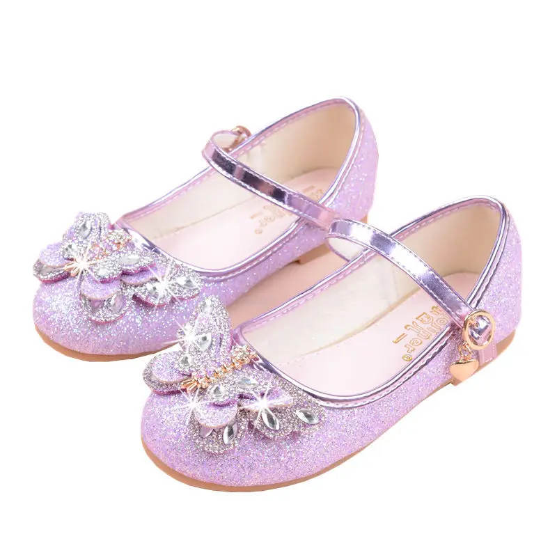 

New Girls Leather Sandals Flat Bottom Little Children's Princess Single Sandals Bowtie Shiny Water Diamond Birthday Party Shoes