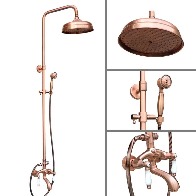 

Antique Red Copper Wall Mounted Rainfall Bathroom 8" inch Round Rain Shower Faucet Set Dual Ceramic Handle Tub Tap arg561