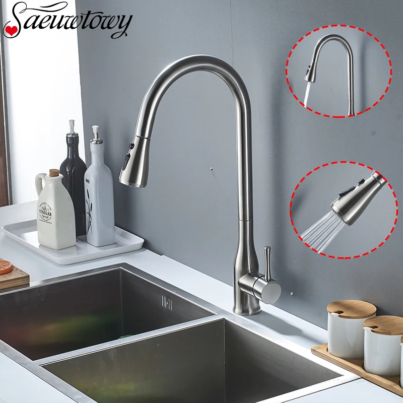 

Swivel Brushed Nickel Pull Out Kitchen Faucet Hot&Cold Water Single Handle 2 Waterways Faucet Mix Kitchen Tap