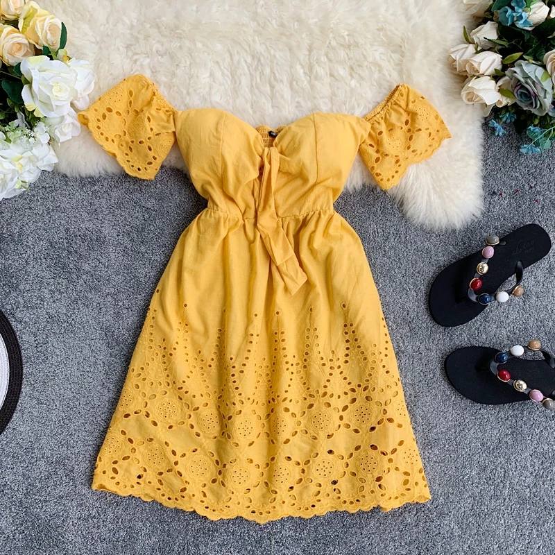 Женское пляжное мини платье ALPHALMODA желтое с подкладкой рукавами фонариками и