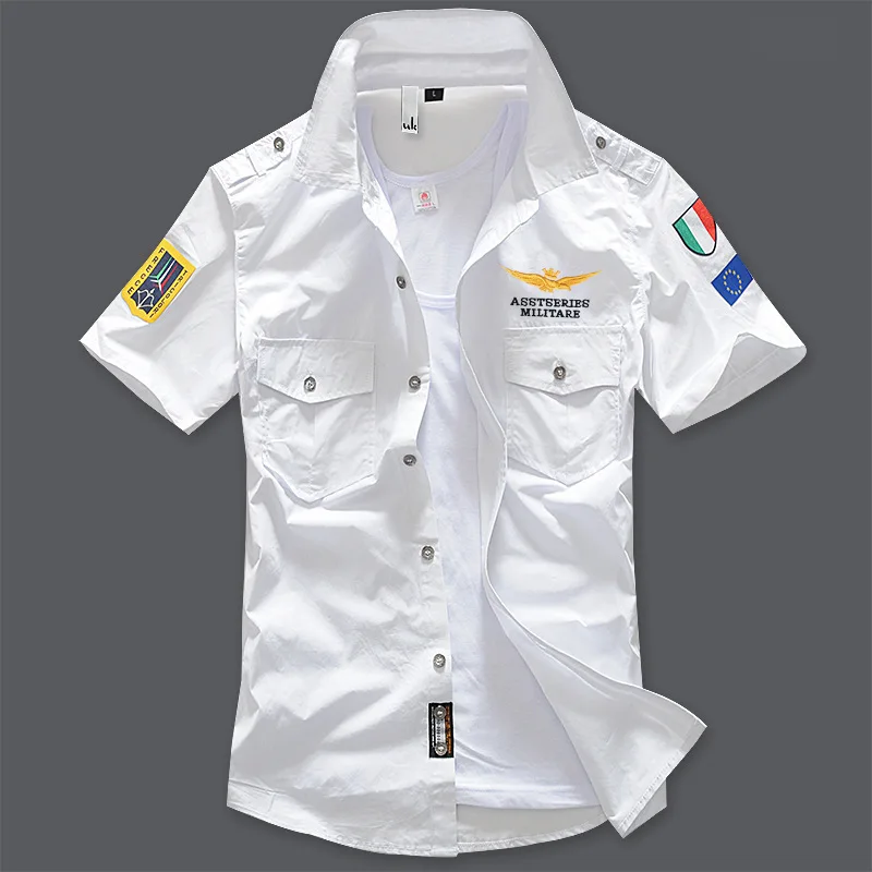 Мужская рубашка в стиле милитари, рубашка с коротким рукавом, Повседневная приталенная Модная белая футболка с пилотом из хлопка, camisas hombre 6XL - Цвет: white