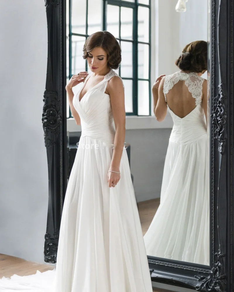 simple whie wedding dress 2016 v neck a line cheap bridal marry dress