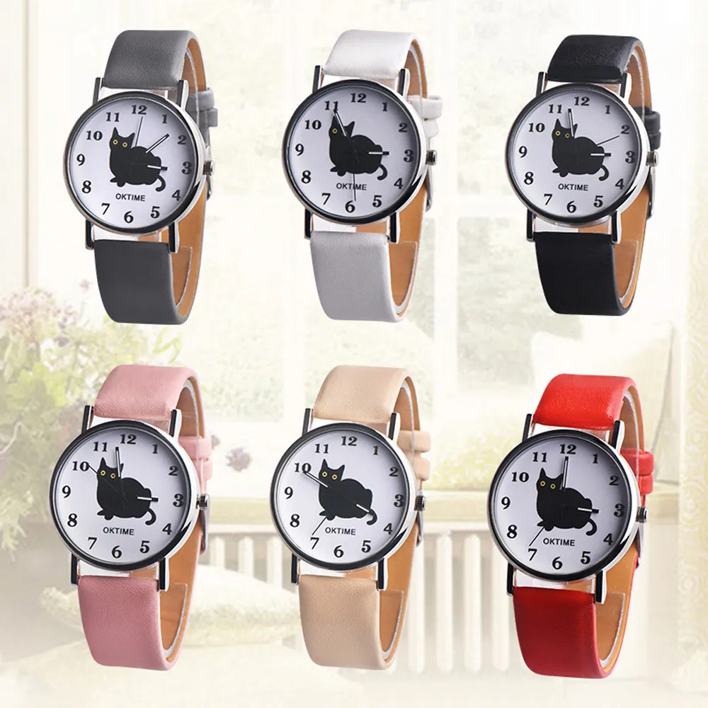 

Vente Chaude New Ladies Watch Womens Girls Cute Cat Leather Strap Analog Quartz Wrist Watches Mujer Marcas Famosas de lujo *A