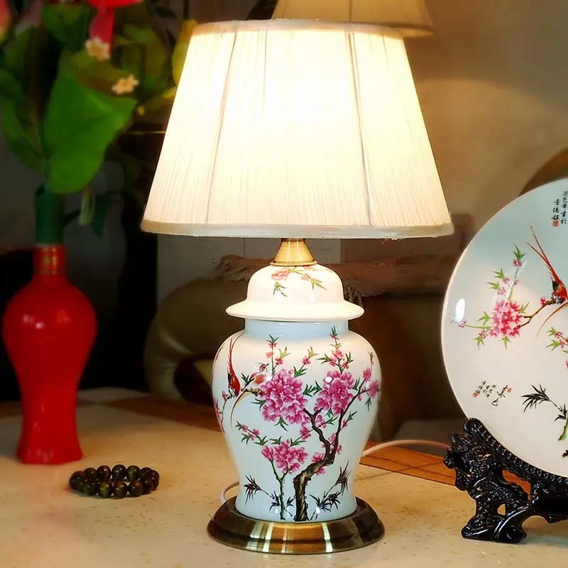 Китайская керамика фарфор, прикроватный светильник для спальни, Классическая бронзовая основа, настольная лампа для кабинета, романтическая настольная лампа из ткани - Цвет корпуса: D