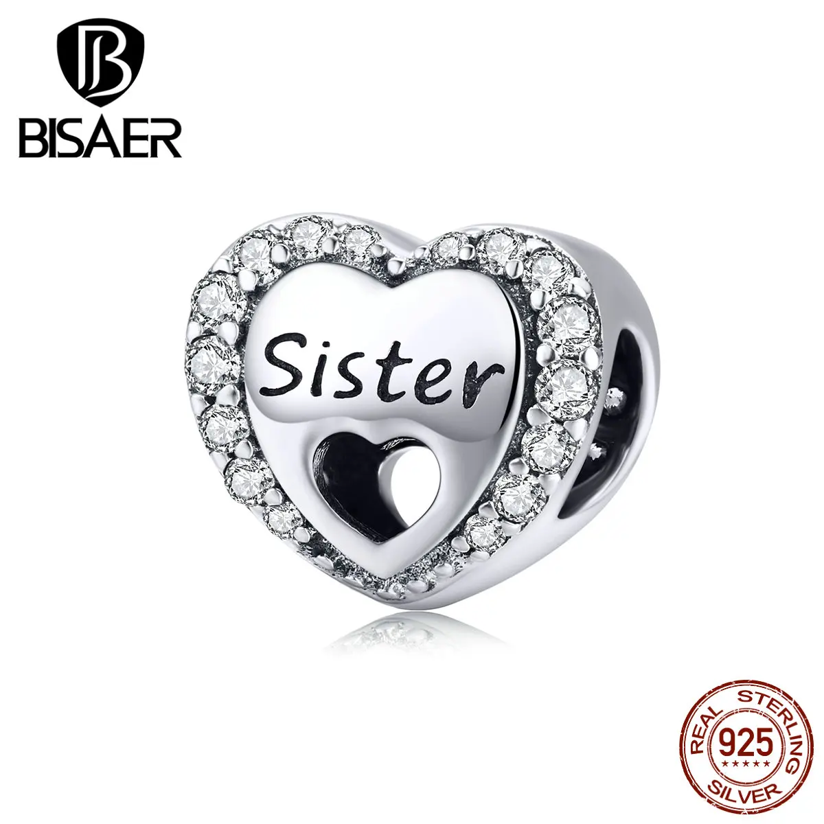 BISAER 100% 925 пробы Серебряный Подарок для сестры подвески в форме сердца бусины
