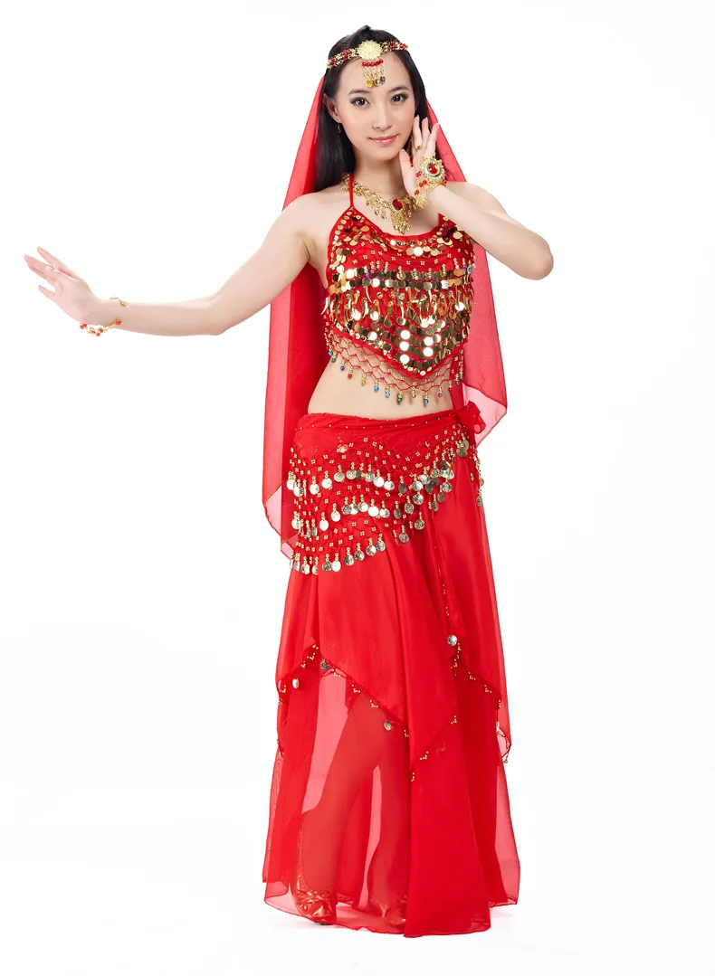 Индийский костюм набор 5 штук танец живота вуаль Топ монеты хип шарф юбка Болливуд танцевальный костюм