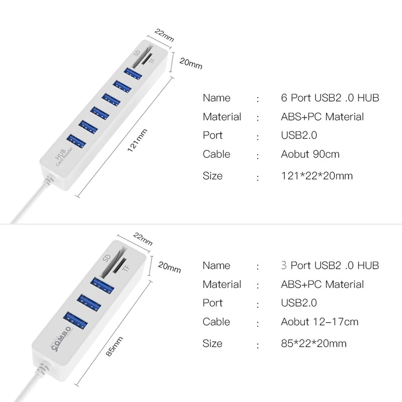 USB 2,0 концентратор 3/6 порт USB разветвитель Кабель-адаптер Портативный Micro SD/TF кард-ридер для ПК компьютер ноутбук