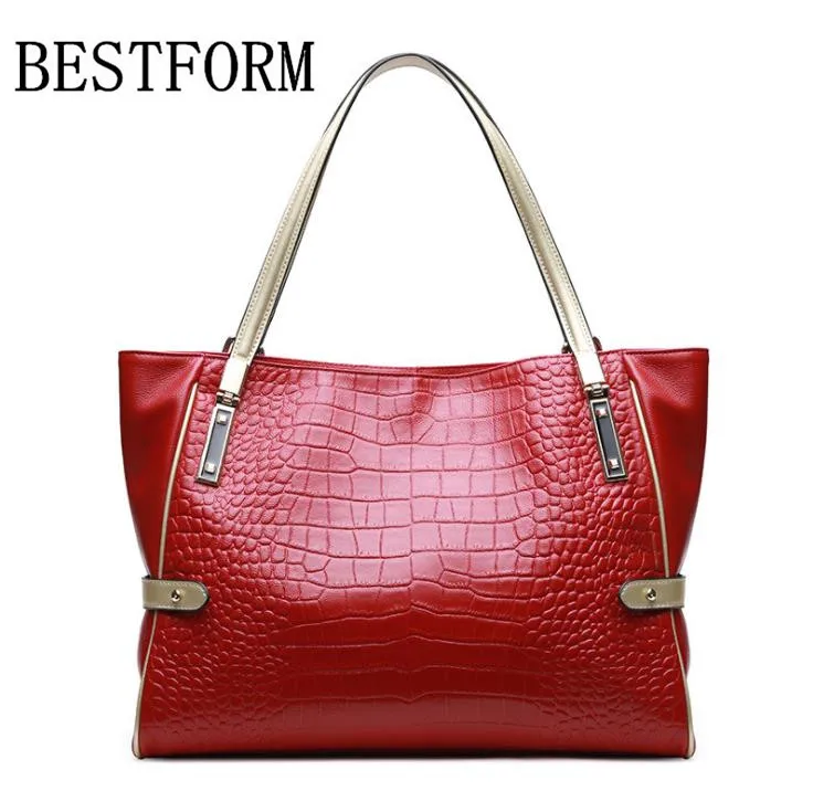 

100% leather handbag 2019 new women's bag European and American fashion shoulder bag crocodile pattern leather simple Mummy bag