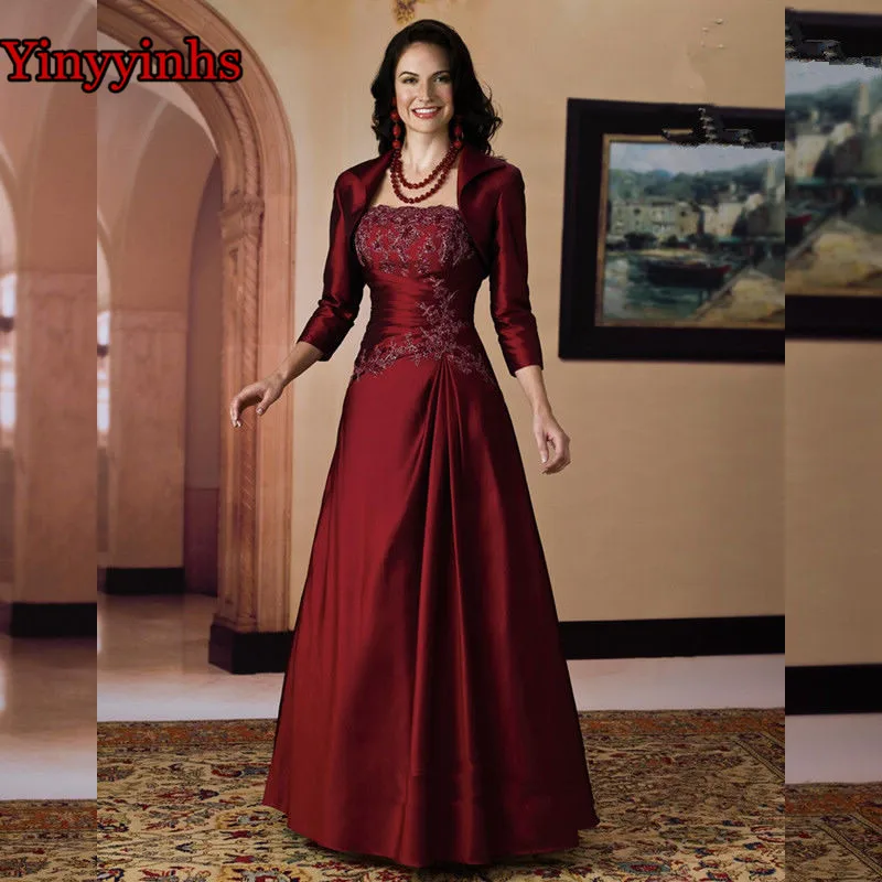 

Vintage Burgundy Mother of the Bride Dresses with Jacket Plus Size A Line Floor Length vestido de madrinha Mother of the Bride