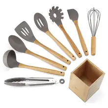 Силиконовая кухонная утварь 9 шт. набор кухонных принадлежностей с бамбуковыми деревянными ручками для антипригарной посуды, держатель посуды в комплекте