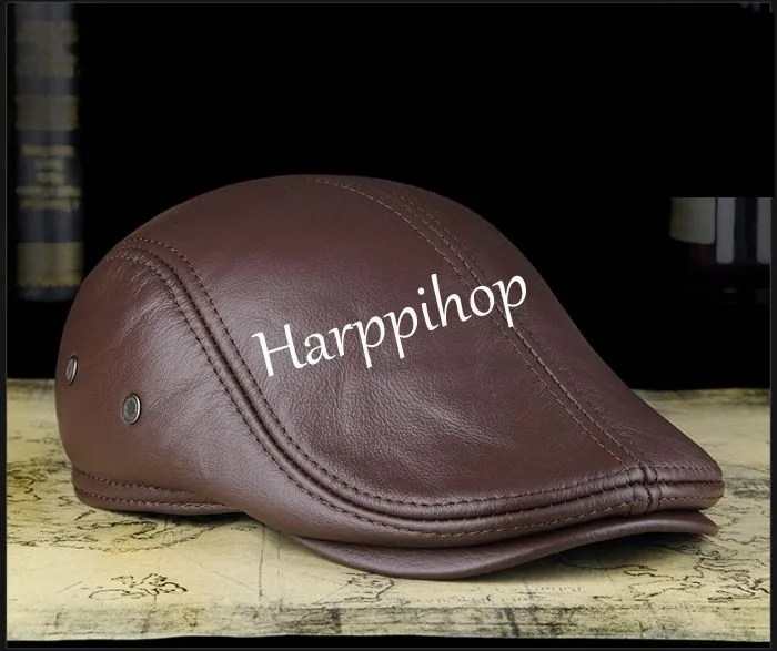 2019 New Design Men's 100% Genuine Leather  Cap brand Newsboy /Beret /Cabbie Hat/ Golf Hat winter warm hats with ears wool beret mens
