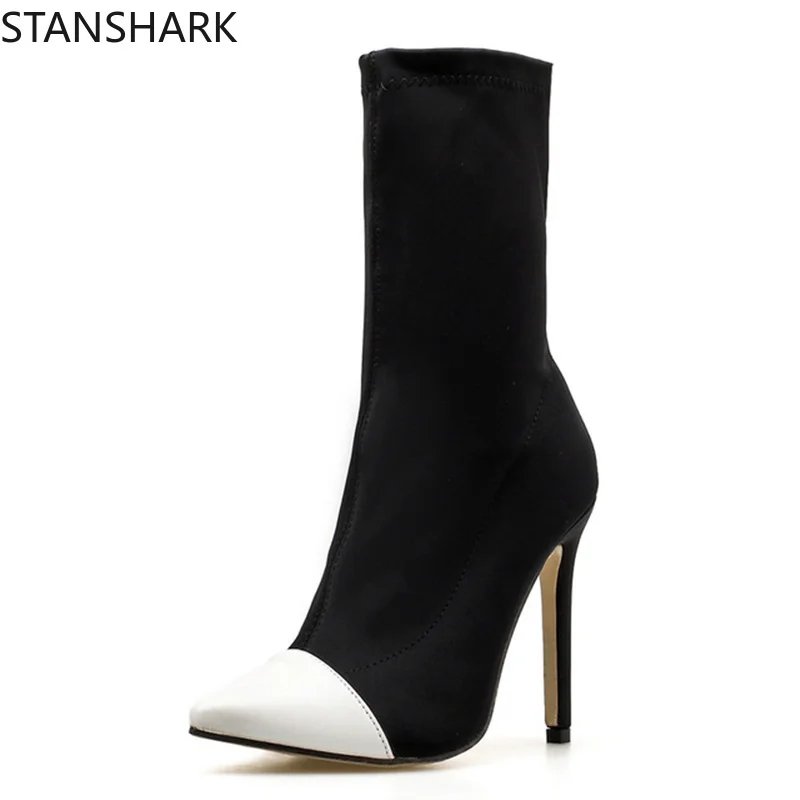 

2019 New Women Ankle Boots Stretch Fabric Pointed Toe High Heels Slip-On Sexy Sock Heels Chelsea Boots Size 35-42