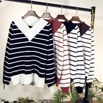 

Female Long Striped Cashmere Sweater Women V-neck Knitted Christmas Sweaters And Pullovers Fashion Tops Warm Jumpers