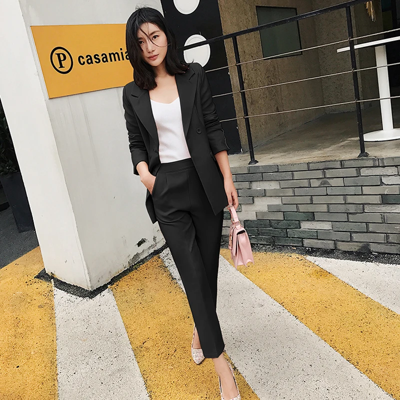 BGTEEVEER Casual 2 Pieces Set Women Pant Suits Notched Collar Blazer Jacket & Ankle-length Pants OL Female Suits 2018 Autumn