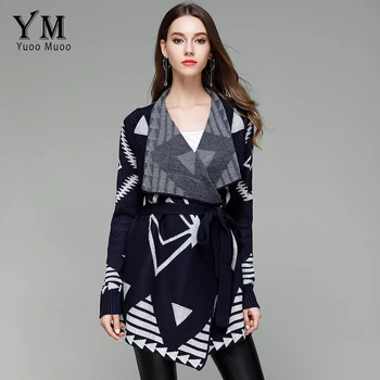 

YuooMuoo Spring Autumn Women Geometric Knitted Turn Down Collar Cardigans With Belt Casual Elegant Striped Long Sweater Outwear