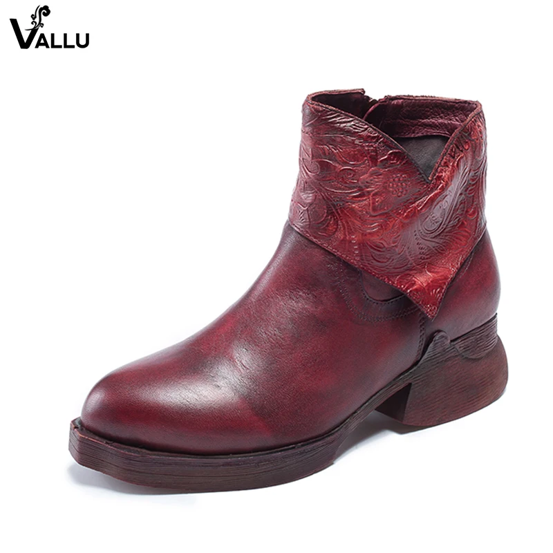 

2018 VALLU Genuine Leather Shoes Ladies Boots Platform Round Toes Handmade Vintage Low Heels Ankle Boots for Women